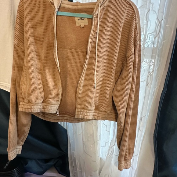 aerie Tops - Aerie Light Brown Waffle Knit Hoodie. Taupe color with outside stitching.